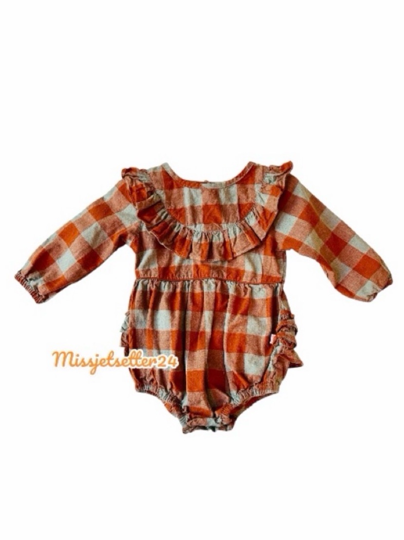 Euc Ruffle Butts Hadlee Plaid Orange Gray Bubble Romper 12/18 Months